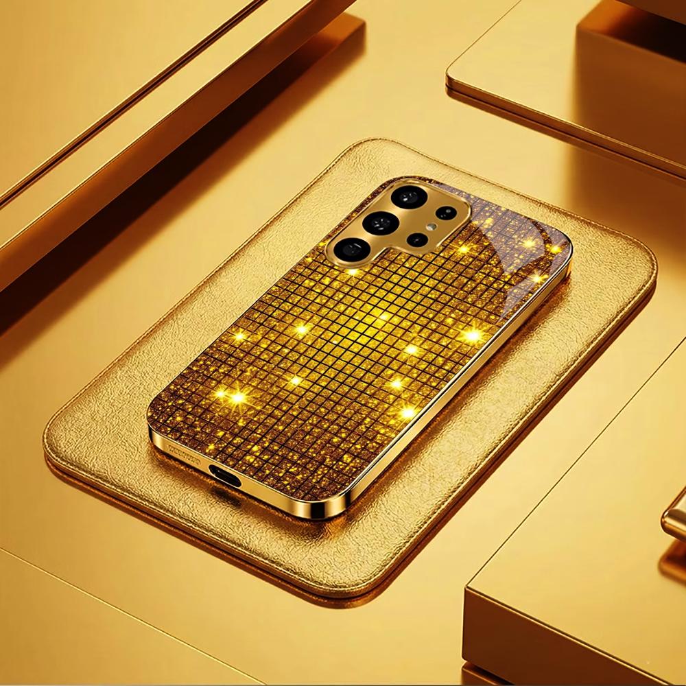 Goldenes Karomuster Glas Handyhülle für Samsung Galaxy S26 S25 S24 S23 S22 FE Ultra Plus Integriertes Glas Gold Exquisit