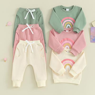 2PCS Baby Girls Fall Outfits Long Sleeve Rainbow Print Sweatshirt + Pants Set Toddler Clothes
