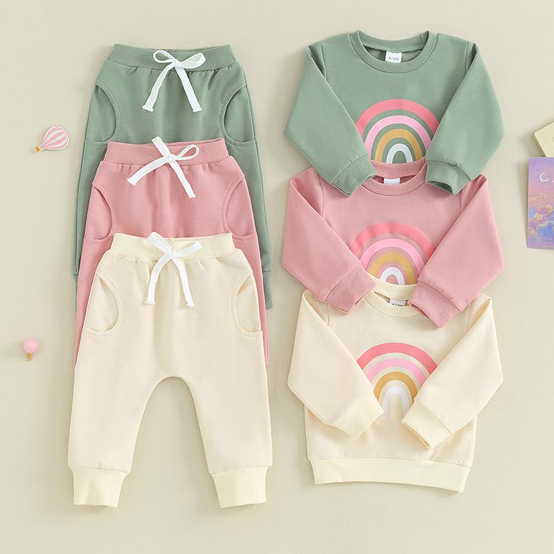 2PCS Baby Girls Fall Outfits Long Sleeve Rainbow Print Sweatshirt + Pants Set Toddler Clothes