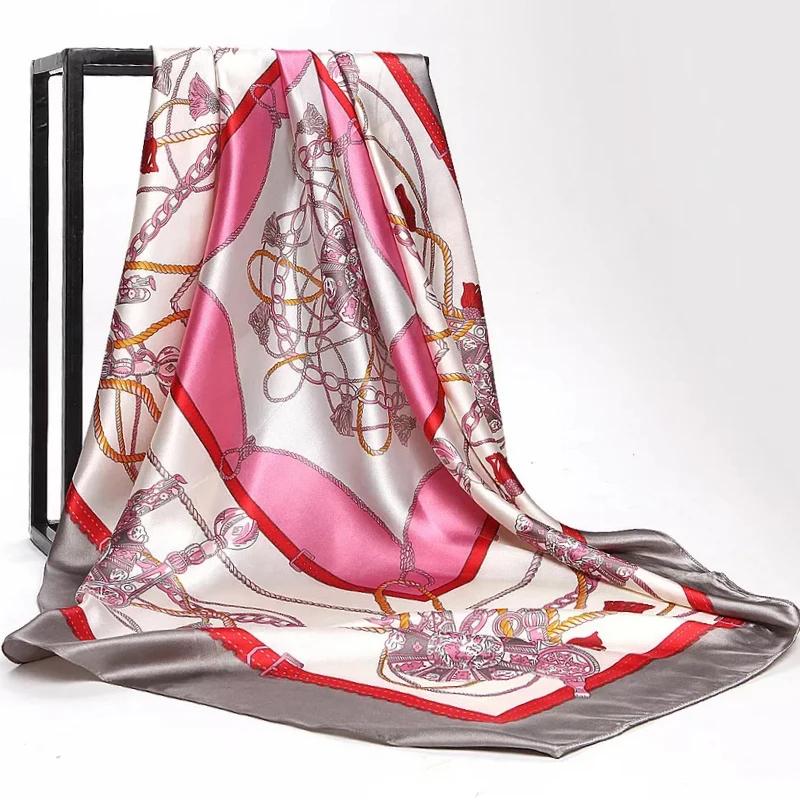 90*90Cm Satin Scarf For Women Cashew Flower Print Chain Scarf Spring And Summer  Style Shawl Scarf For Women   Style