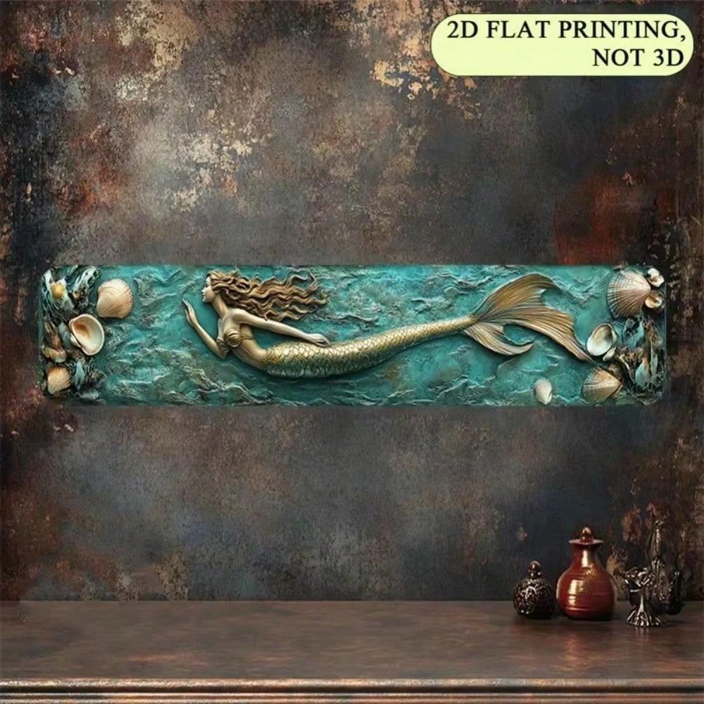 

4x16 Inch Mermaid Wall Art Flat Tin Metal Sign Golden Scales Turquoise Ocean Home Decor For Living Room 10x40 різнокольоровий