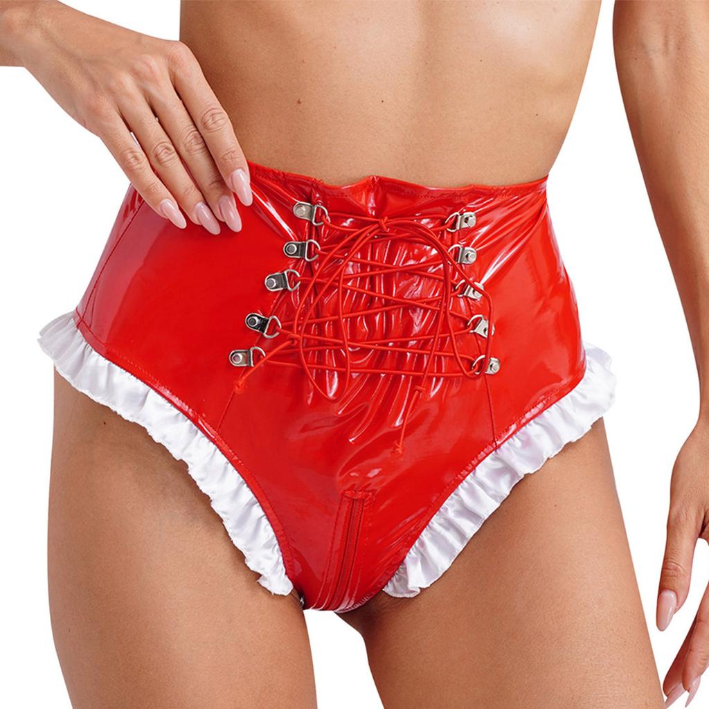 Γυναικείο γυαλιστερό λουστρίνι Frilly Maid Knickers με κορδόνια με φερμουάρ με καβάλο εσώρουχα για παιχνίδι ρόλων για νυχτερινό κέντρο διασκέδασης