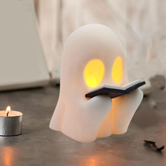 Cute Ghost Reading Lamp LED Sitting Ghost Reading A Book Night Light for Halloween Bathroom Bedside Decor