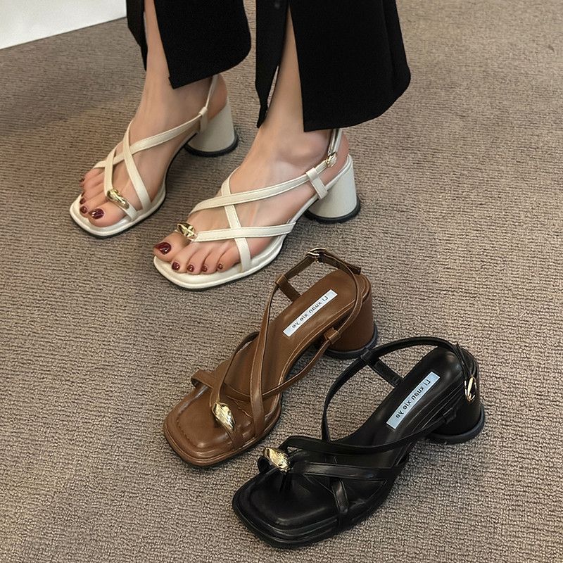 Fashion Sandals Elastic Band Strappy Heels Clear Shoes Suit Female Beige All-Match Square Toe 2025 Women's Slip-on  Buckle Black High Fa