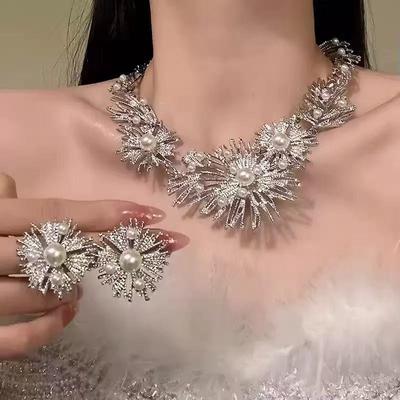 Metal Geometric Pearl Flower Jewelry Sets for Women Light Luxury High-end Fashion Personalized Necklace Earring Accessories Set