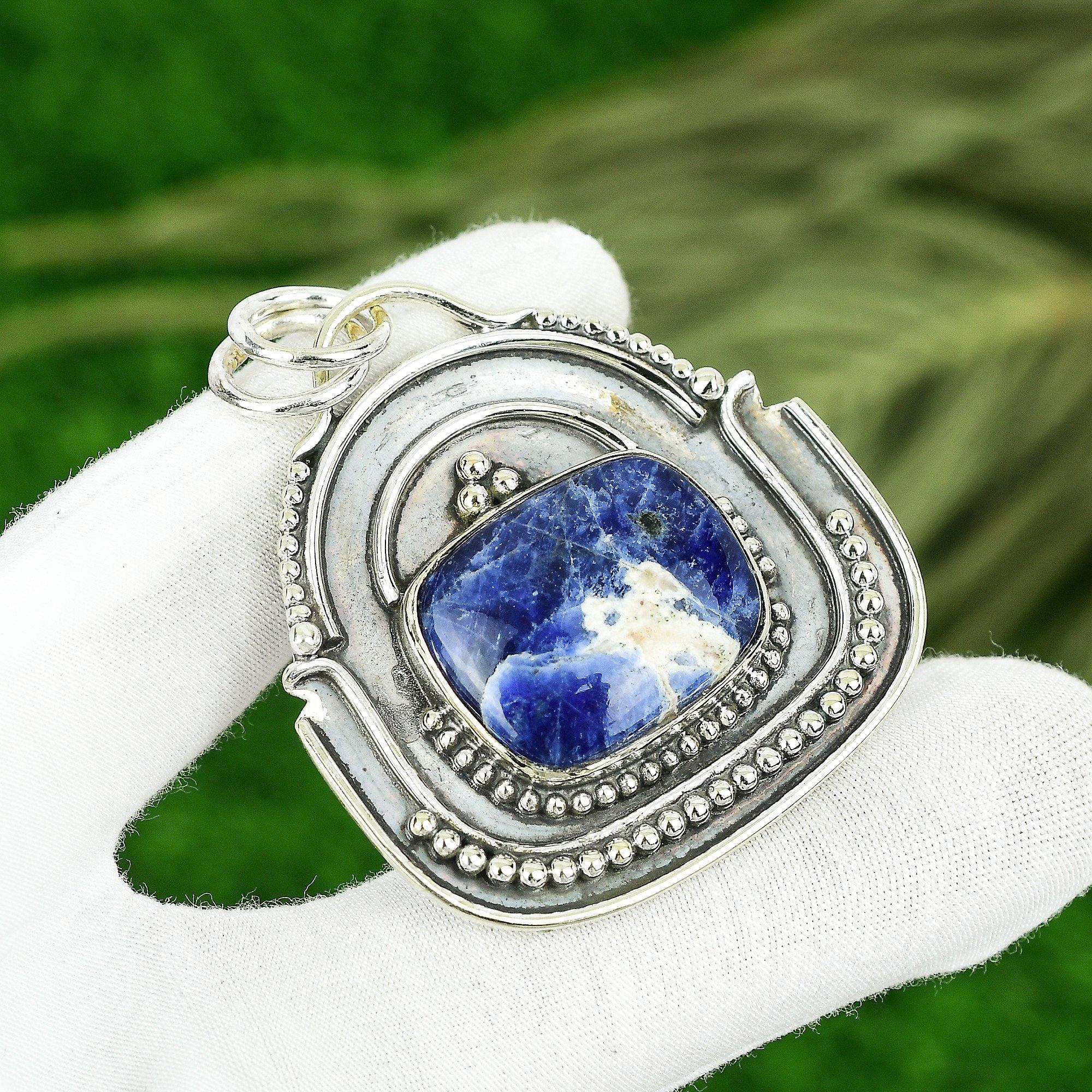 

Sisters Day Deal Sodalite Stone Bezel Third Eye Chakra Boho Pendant 925 Silver