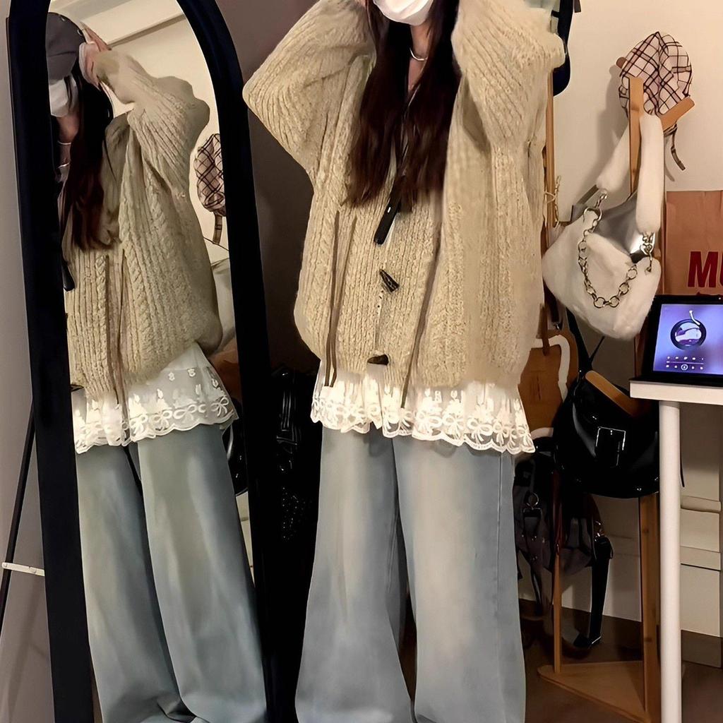Korean Cute Bunny Ear Knit Hooded Cardigan - Women's Autumn/Winter Thick Loose Fit Fashionable Coat
