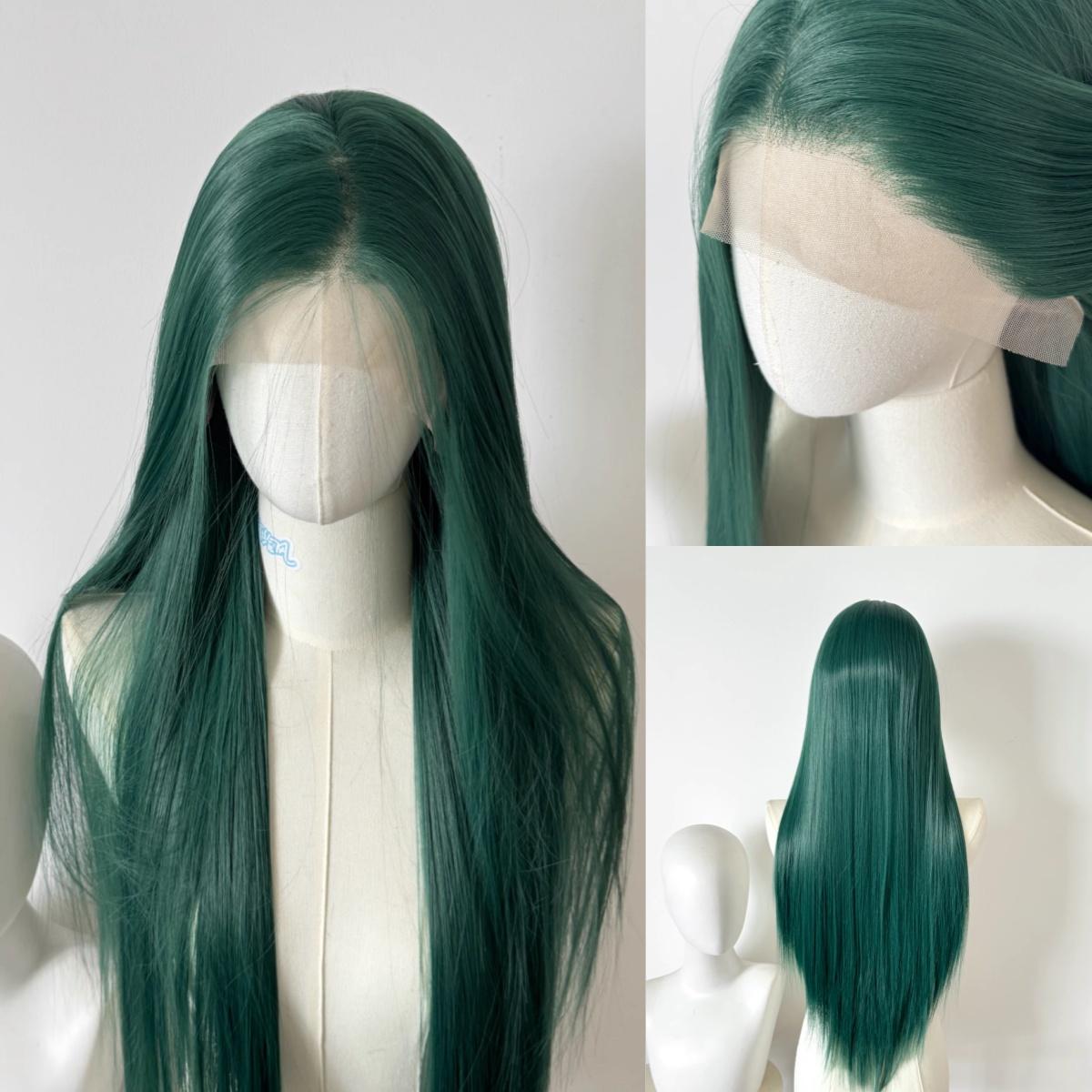 

Green Wig 13*4 Lace Front Wig for Cosplay Long Straight Hair Wig High Temperature Fibers Synthetic Lace Wigs for Party Daily Use (green,26inches&180%&1pc)