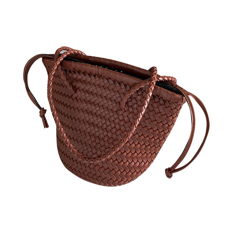 New Summer Hand-held Vegetable Basket, French Retro PU Leather Hand Woven Bag, Water Bucket Bag