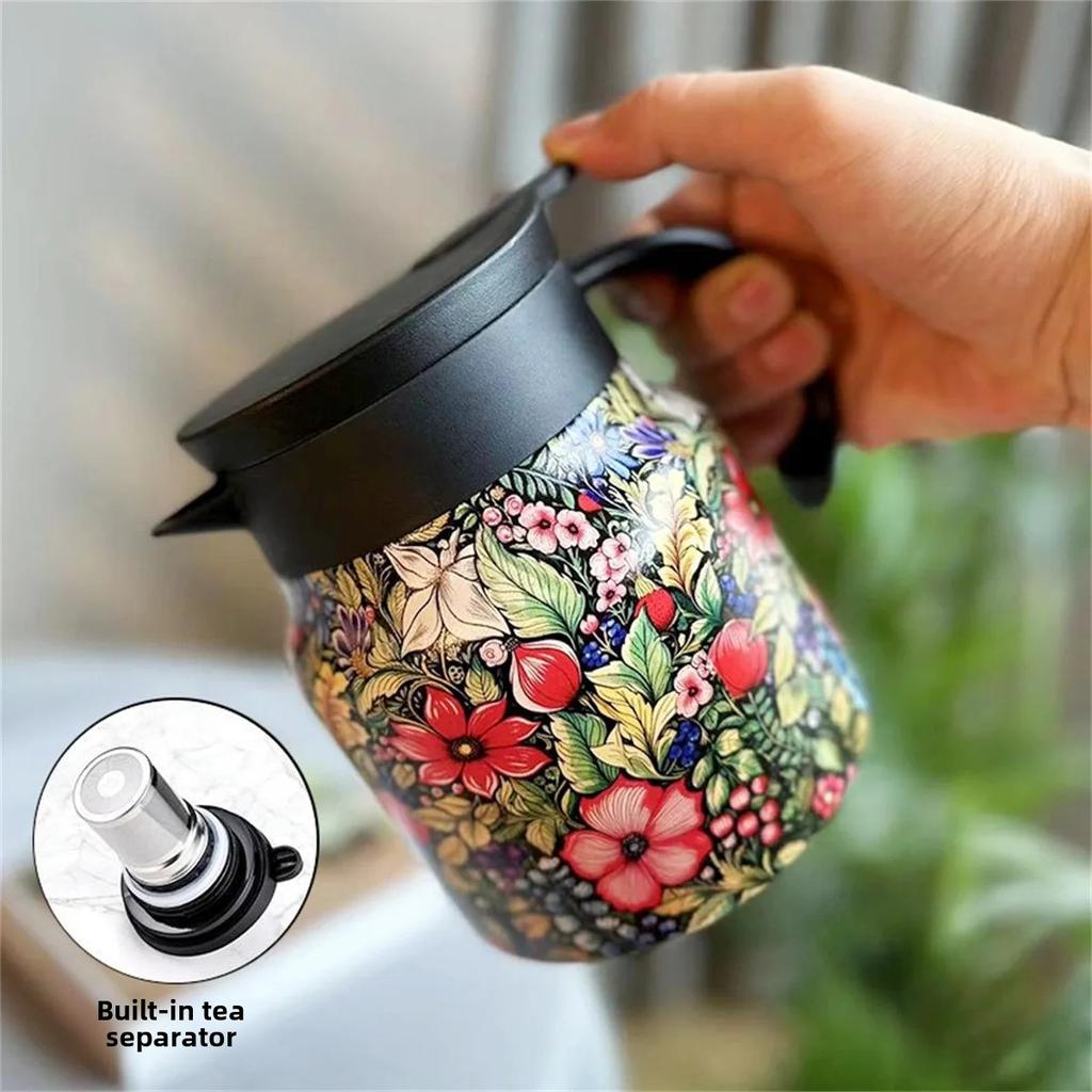 316 Stainless Steel Thermal Carafe 800ml Coffee Pot with Floral Painting with Tea Infuser Keep Warm Function Tea Pot Coffee Cup
