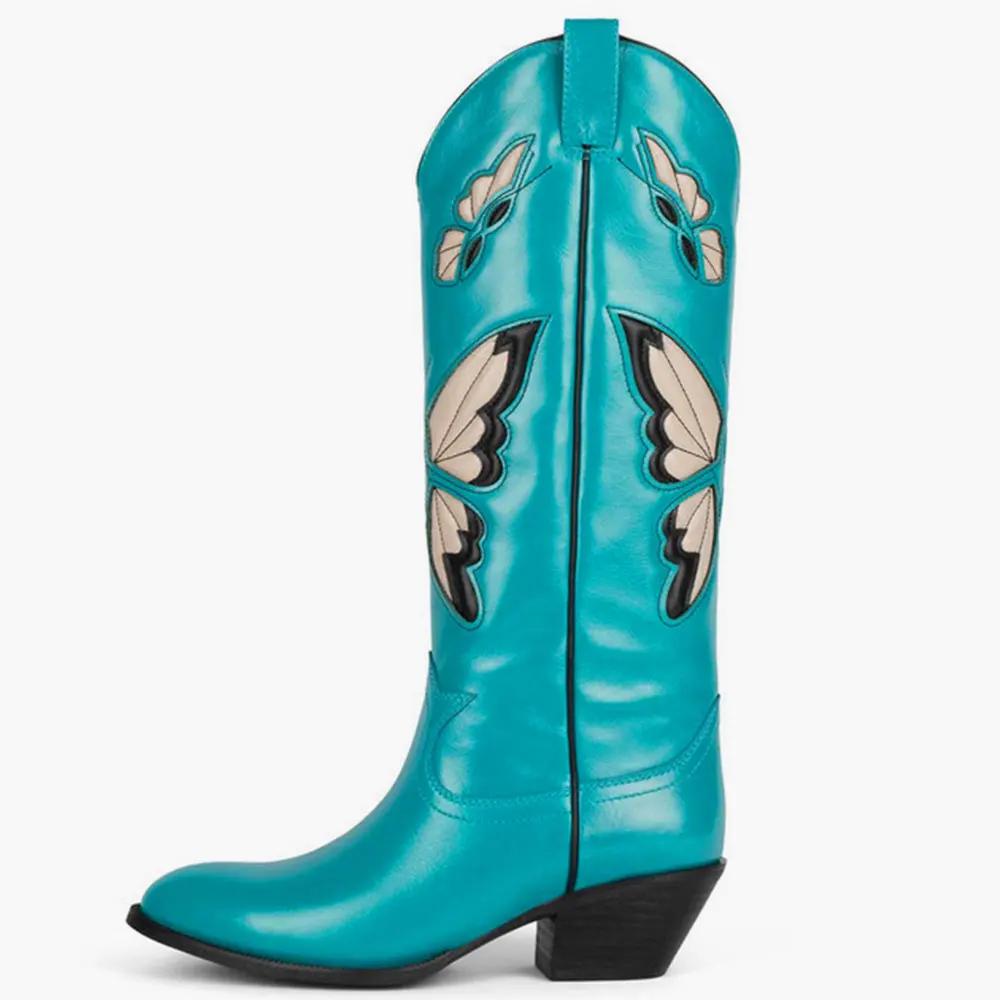 Fashion 2025 Brand New Big size 43 Red Butterfly Cowboy Boots for Women Black Vintage Slip On Cowgirls Knee High Boots Shoes