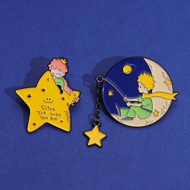 Prince Fox Enamel Pins Custom Moon Star Paper Boat Whale Brooches Lapel Badges Cartoon Jewelry Gift for Kids Friends