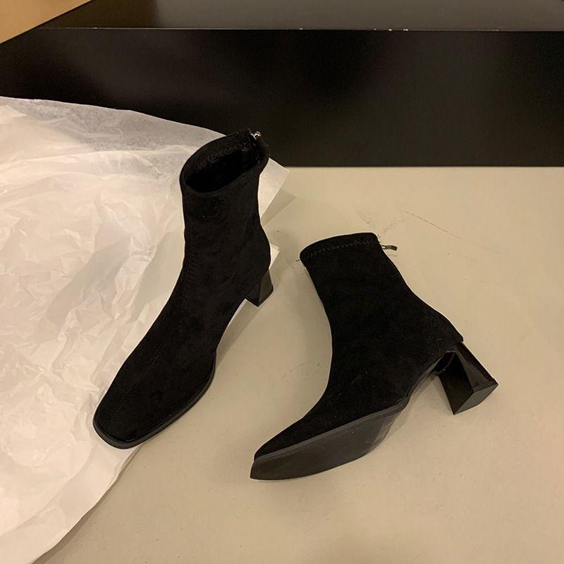 

2025 Winter Women s French-Style High-Heeled Ankle Boots: Chunky Heel, Square Toe, Versatile, Fleece-Lined Fashion 00 Shoe Accessories (Purchase with Caution)