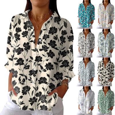 Damenmode Siebenärmeliges Lässiges Revers Rückenbindung Hemd Bedrucktes T-Shirt Top