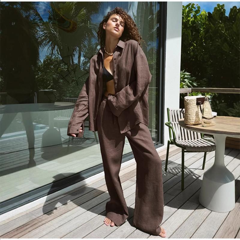 Women Casual Solid Color Cotton Linen Shirt Pants Suits Fashion Single Breasted Blouses Elastic Waist Pants Set Spring Loose Outfits