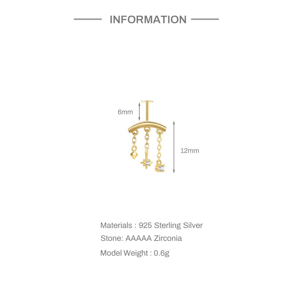 CANNER 1PC 925 Silver Eight-pointed Star CZ Piercing Earring For Women Tassel Chain Stud Earring Party Fine Jewelry