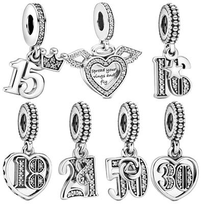 Ciondolo Anniversario 18° in Argento Sterling 925 Autentico Pavé Ali d'Angelo Charm Adatto Braccialetto alla Moda Gioielli Fai da Te Realizzazione Regalo di Compleanno