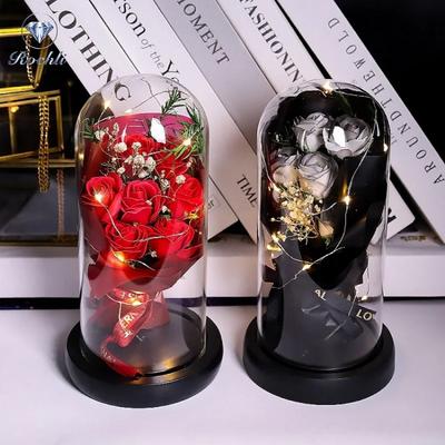 Everlasting Rose LED Glass Dome Bouquet Romantic Illuminated Ornament Perfect Valentine's Day Christmas Home Decor Romantic Gift