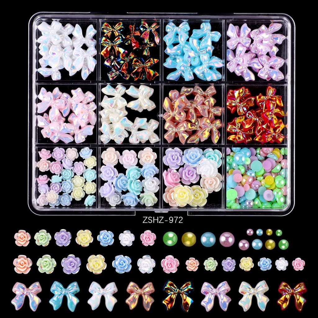 12 Grid Rose Nail Art Alloy Jewelry Resin Bow Camellia Three-Dimensional Flower Mixed Box