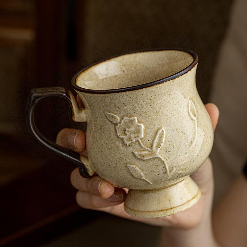 Hibiscus Exquisite Flower Cup Medieval Relief Tall French Ceramic Coffee Cup Water Cup Outlet