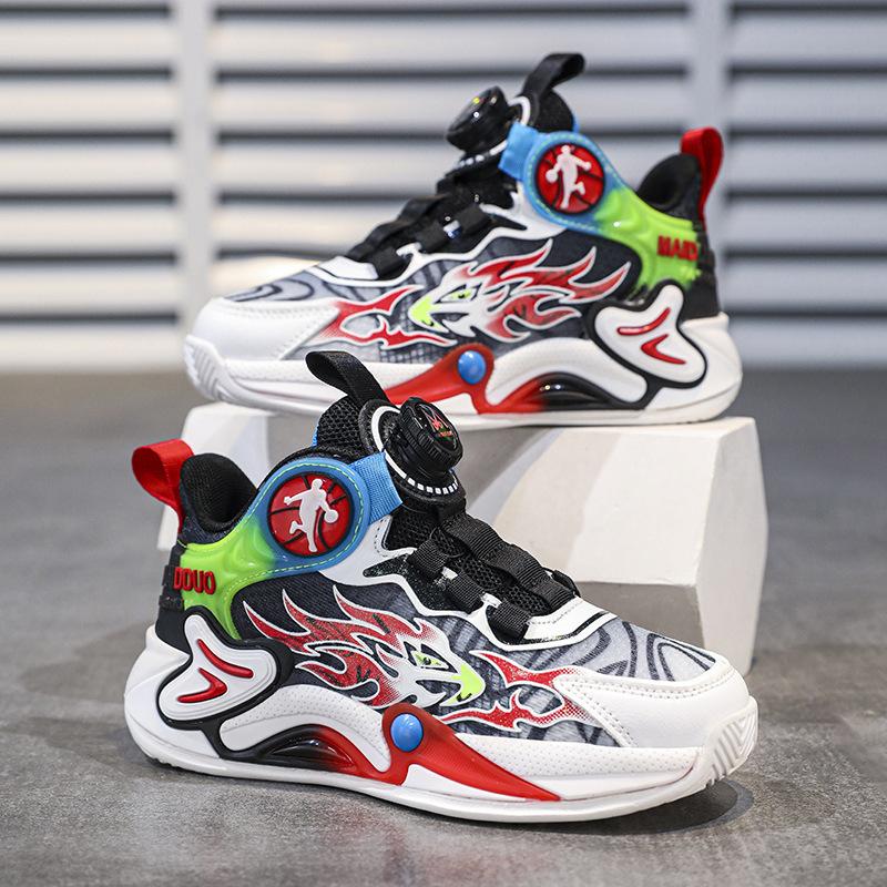 Children's basketball shoes boys' shoes summer 2025 new student sports shoes running rotating button mesh breathable