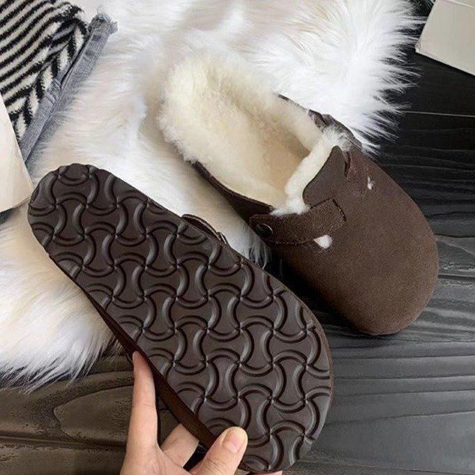 Retro Spring Women Suede Round Toe Slippers Outdoor Casual Fur Inside Warm Autumn Winter Flat Hees Sandals Woman Plush