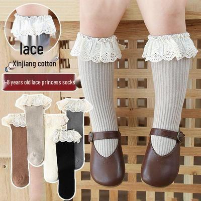 Spring & Autumn Girls' Lace Princess Mid-Calf Socks - Korean Style Cotton for Children