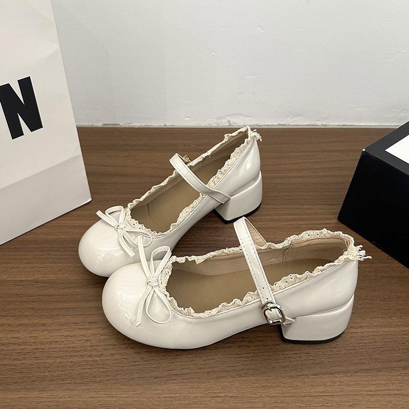 Premium bow temperament ballet small leather shoes women's 2025 new summer lace edge height Mary Jane shoes trend