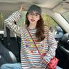 Ladies' Striped T-shirt Female Contrasting Printed Round Neck Long Sleeved Blouse New Korean Style Loose Versatile Top