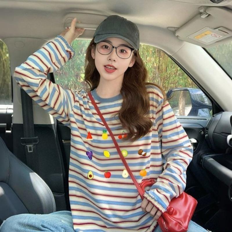 Ladies' Striped T-shirt Female Contrasting Printed Round Neck Long Sleeved Blouse New Korean Style Loose Versatile Top