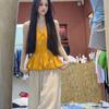 Korean yellow floral neck sling vest women's summer new outer wear Spice Girl backless sleeveless bud top