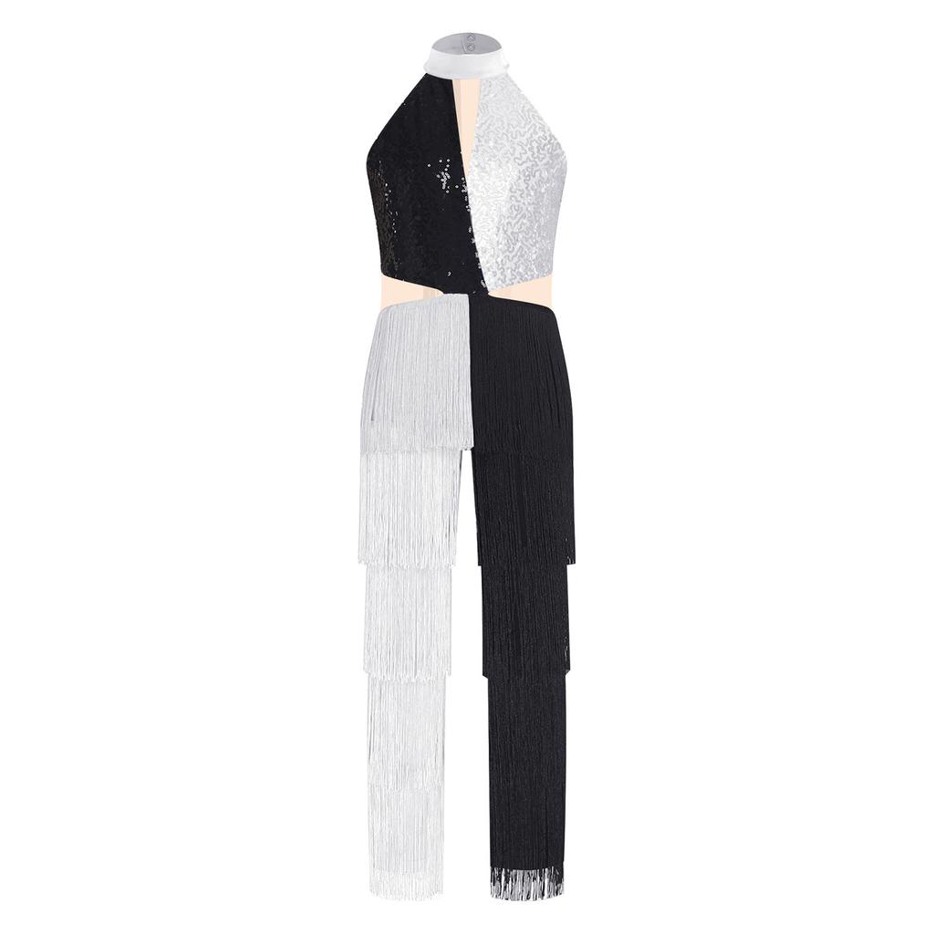 Kostium do występu tańca latynoamerykańskiego dla dziewcząt Błyszczący cekinowy frędzle Blok kolorów Kombinezon Halter Bez rękawów Wycięcie z tyłu Body