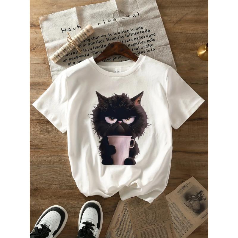 Angry Emote Cat Women Summer White Print T-shirt Girl Casual Short Sleeve O Neck Top For Summer Female Animal Clothing CCXX111