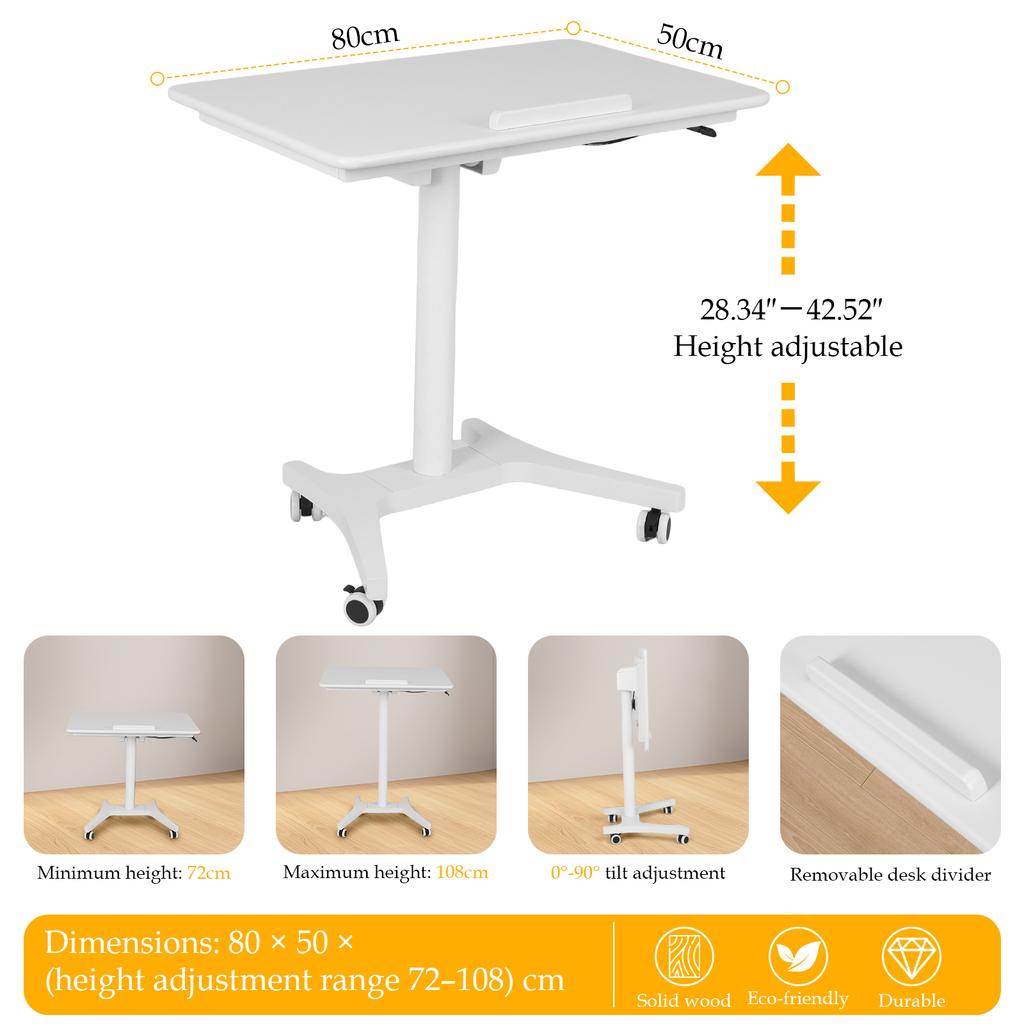 Adjustable Bedside Table with Wheels Pneumatic Mobile Standing Desk Laptop Desk Rolling Computer Cart Movable Overbed Table