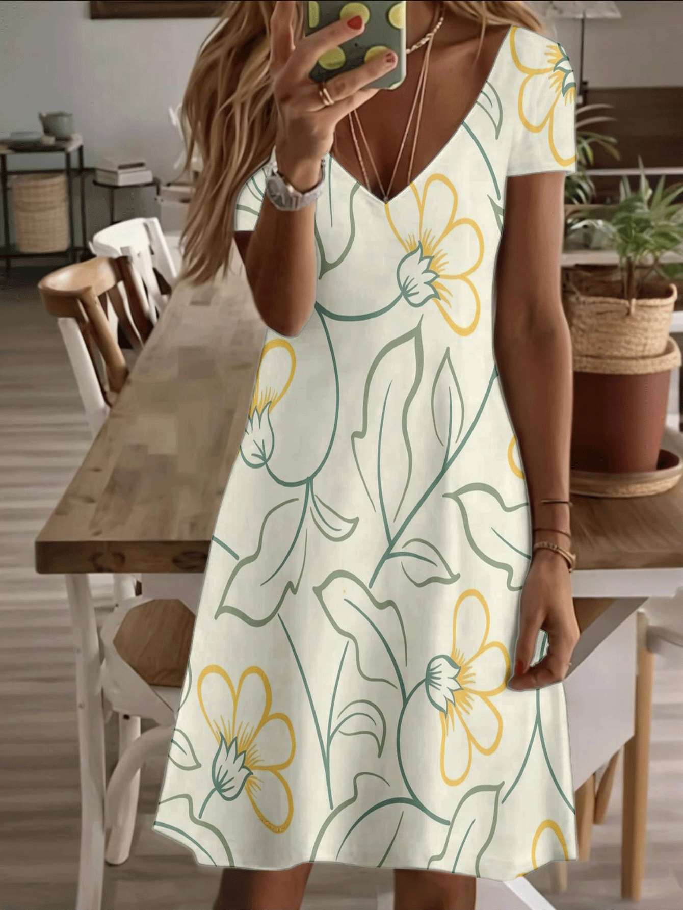 Vneck shortsleeve midi dress floral ladies dress yellow and green flower print pattern 3D premium printing durable fabric casual and fashionable s 2XL дубильная кора