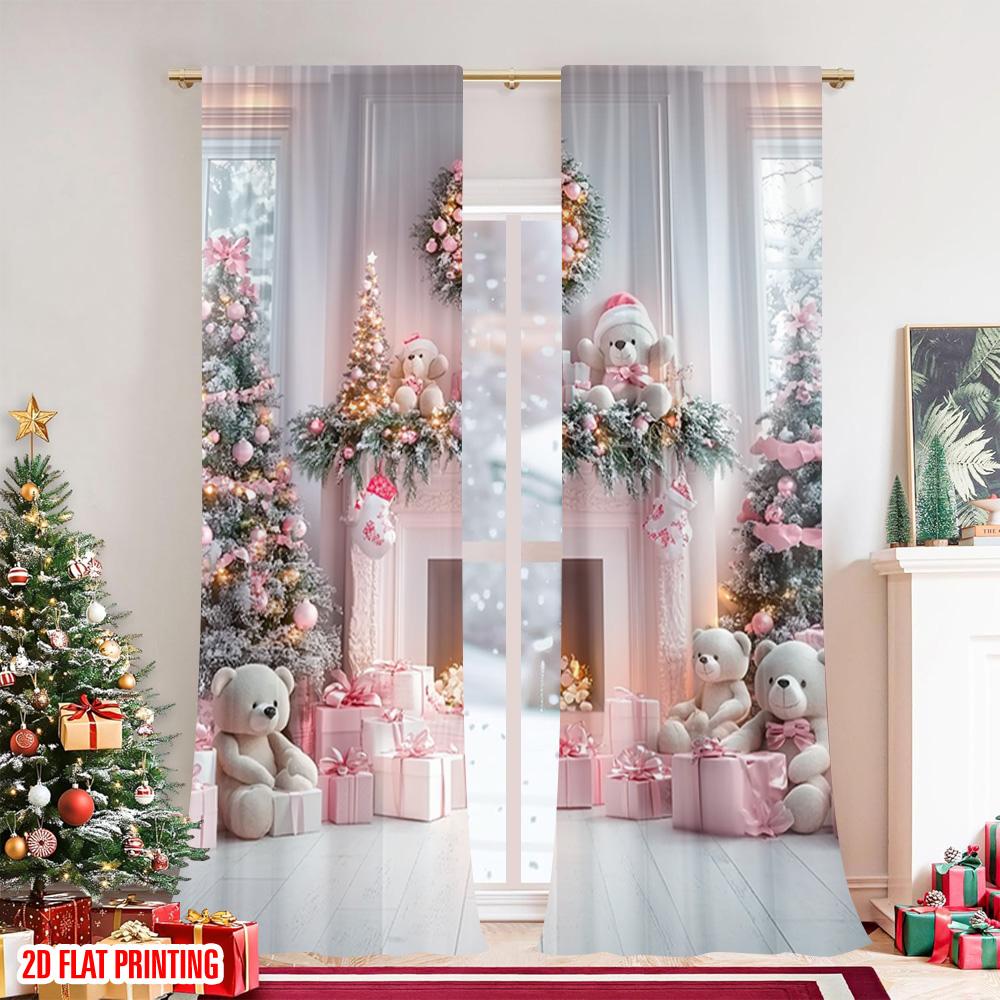 2pcs 2D flat printing Merry Christmas Popular Curtains Pink fireplace Versatile Fabric Without Electricity Party Decorations Use