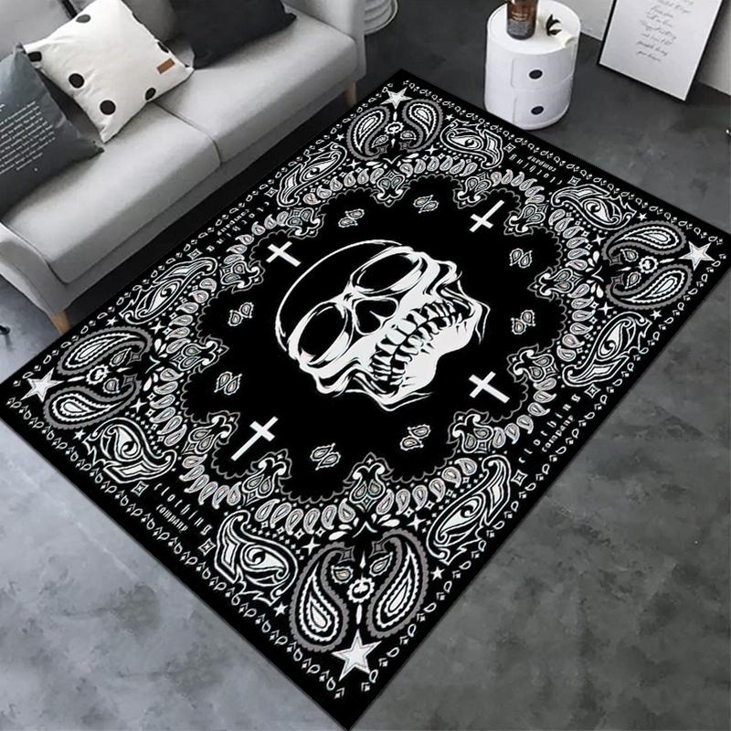 1 Stück Schädel Dunkel Gotisches Muster bedruckter Teppich für Wohnzimmer Schlafzimmer Zuhause Sofa Dekoration, Rutschfeste Fußmatte Bodenmatte
