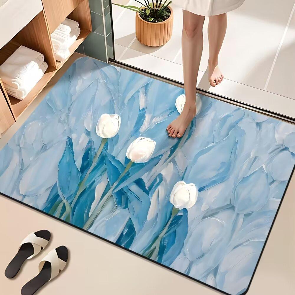 Diatom Mud Floor Mat Oil Painting Flowers Bathroom Floor Mat Water Absorption and Dirt Resistance Bathroom Anti Slip Foot Mat