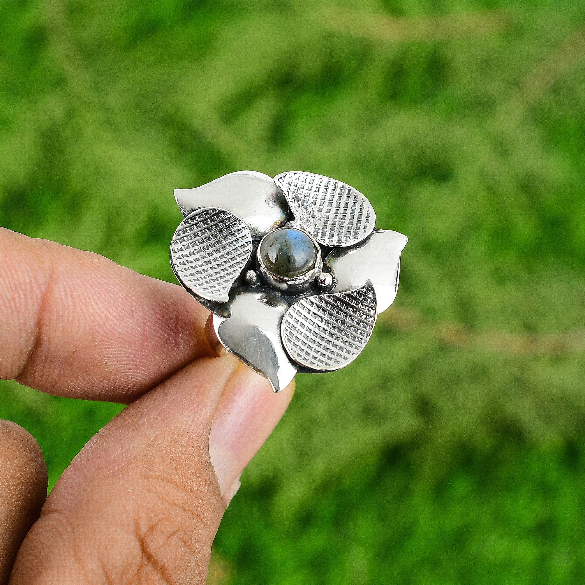 

Подарок для нее Натуральный лабрадорит Мульти камень Цветок Регулируемое кольцо 925 серебро Adjustable