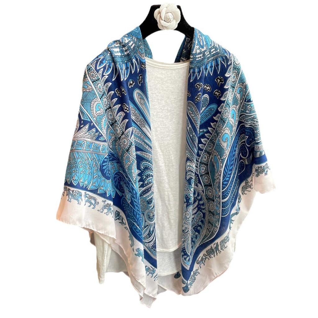 Blue Retro 130 Square Scarf Summer Air-Conditioned Room Shawl Sunscreen Silk Scarf Spring And Autumn Linen Scarf