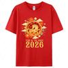 2026 New Year Zodiac Horse Graphic Short Sleeve T‑Shirt Spring Festival Floral Cloud Print Streetwear Casual Red Tops