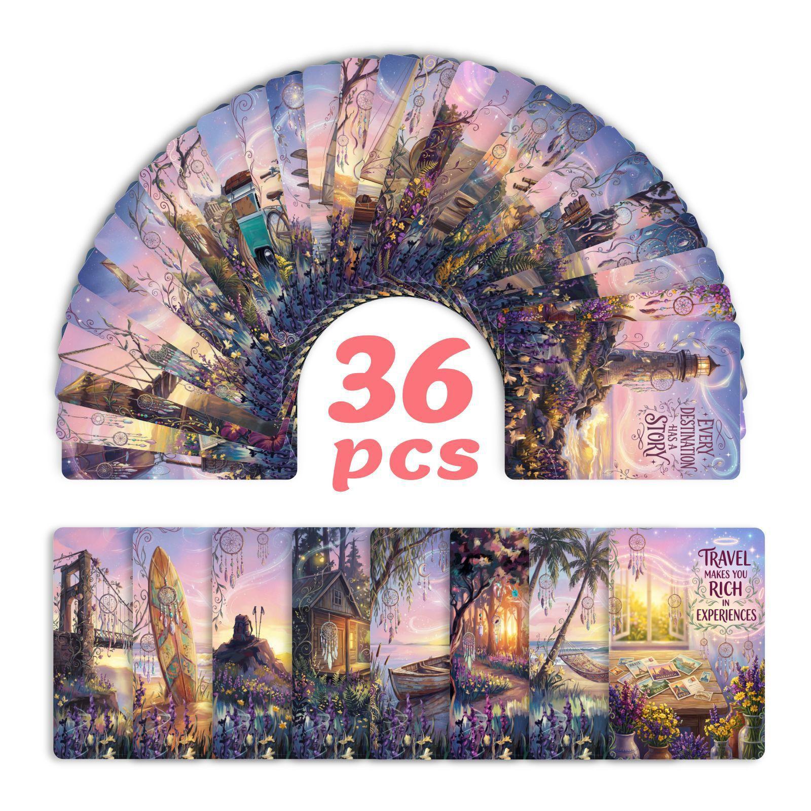 

36 Dream Travel Illustration Inspirational Cards, Lavender Flower Sea Scenery Hand Account Material Postcard Decoration Cards RXHB0405