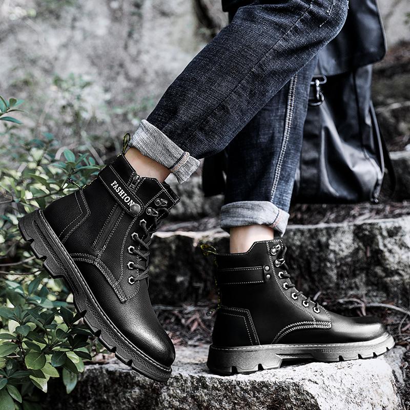 Brand Autumn Winter Men Genuine Leather Boots Casual Motorcycle Boots Men Outdoor Military Ankle Boots Side Zipper Snow Shoes