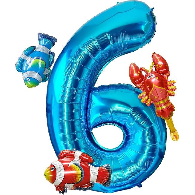 40 Inch Under the Sea Blue Number 1 Balloon, Mini Sea Animal Balloons Ocean Animal Foil Balloon, Fish Crawfish Balloons for Boys Girls Ocean Theme