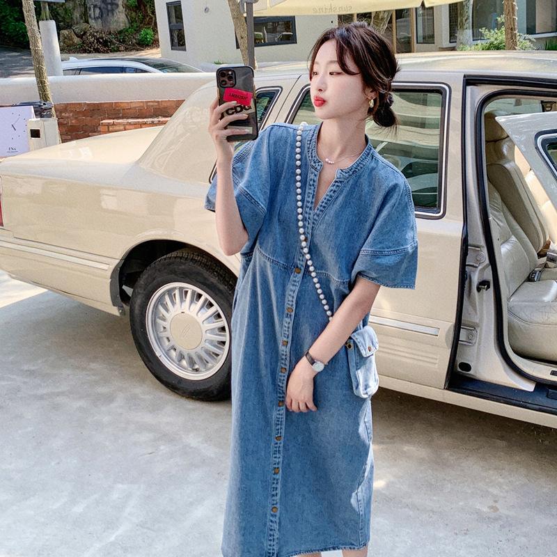 Short-sleeved Denim Dress for Women Summer New Korean Style Loose Single-breasted Shirt Dress