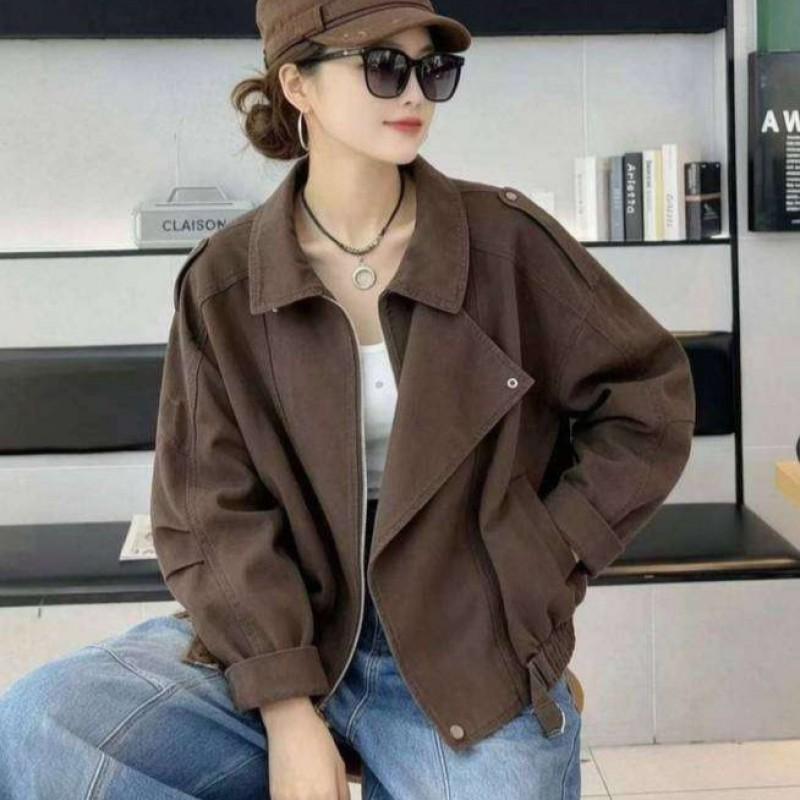 Womens Vintage Motorcycle Denim Jacket Loose Fit Casual Chic With Belted Waist Fall Style