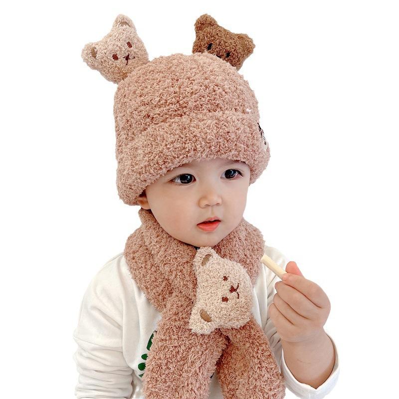 Baby Hat Bear Plush Autumn and Winter Boy Baby Two-piece Set Children's Men's and Women's Warm Cute Wool Hat Scarf