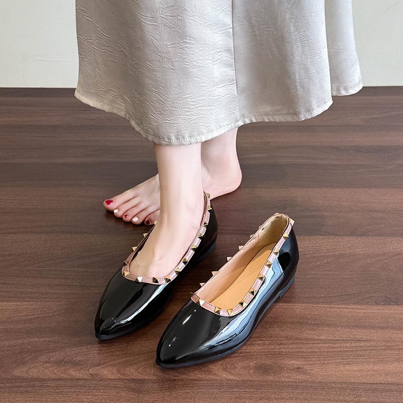 Fashion Heightened Inside 5 Cm Rivet Light Mouth Nude Pointed Toe Soft Patent Leather French Style Single Shoes for Women