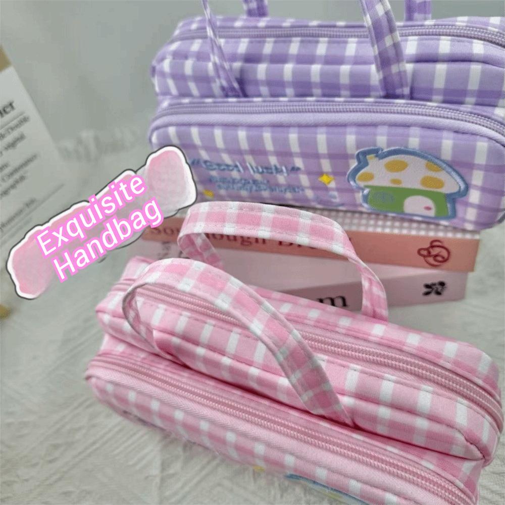 Double Layer Pencil Case Plaid Pattern Stationery Holder Durable Pencil Box School Stationery