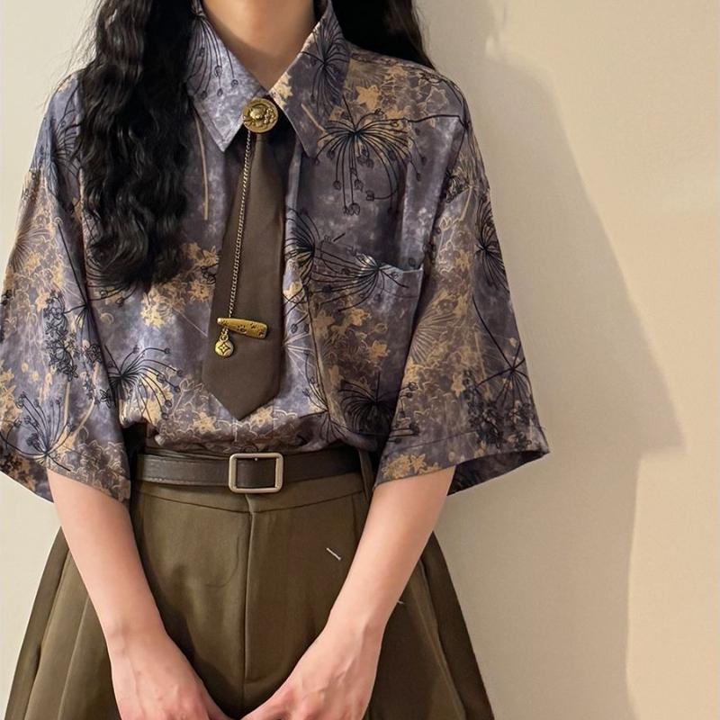 Women Printed Short Sleeved Shirt Chinese Style American Retro Casual tops Turn-down Collar Single Breasted Top with Tie